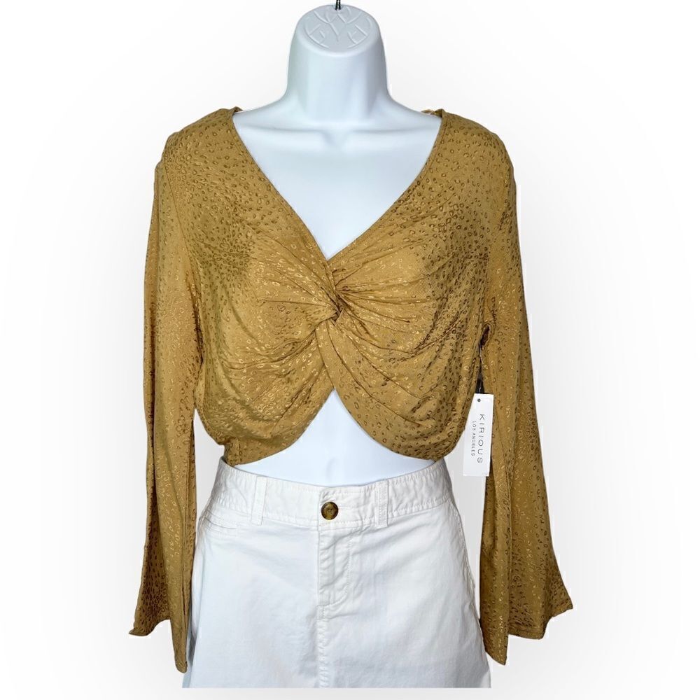 Kirious Bell Sleeve Satin Twist Front Crop Top Blouse NWT